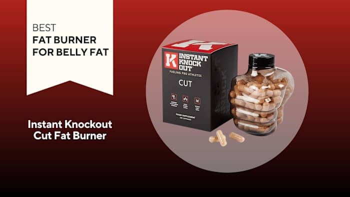 Red and black background with a white banner that reads Best Fat Burner for Belly Fat next to a photo of Instant Knockout Cut Fat burner